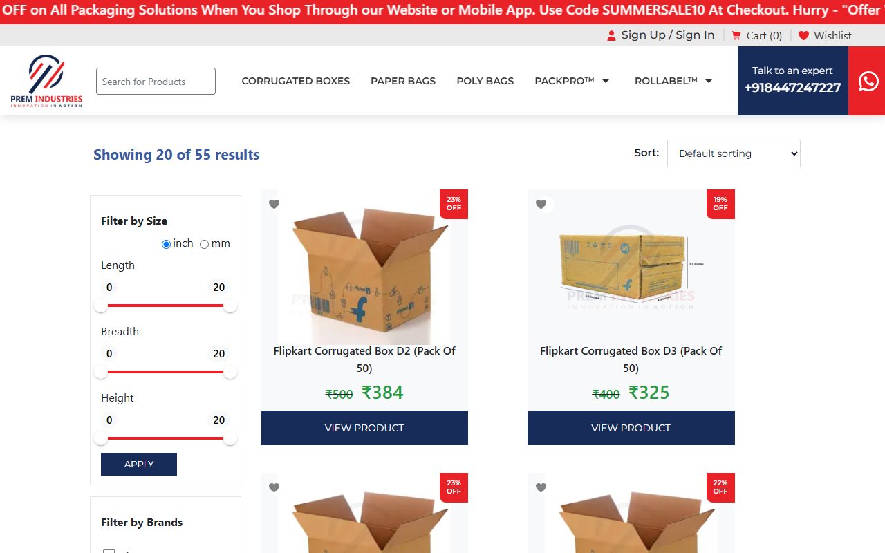 Corrugated boxes category: 20 of 55 results, a size filter in inches or millimetres, and product cards with prices and discounts