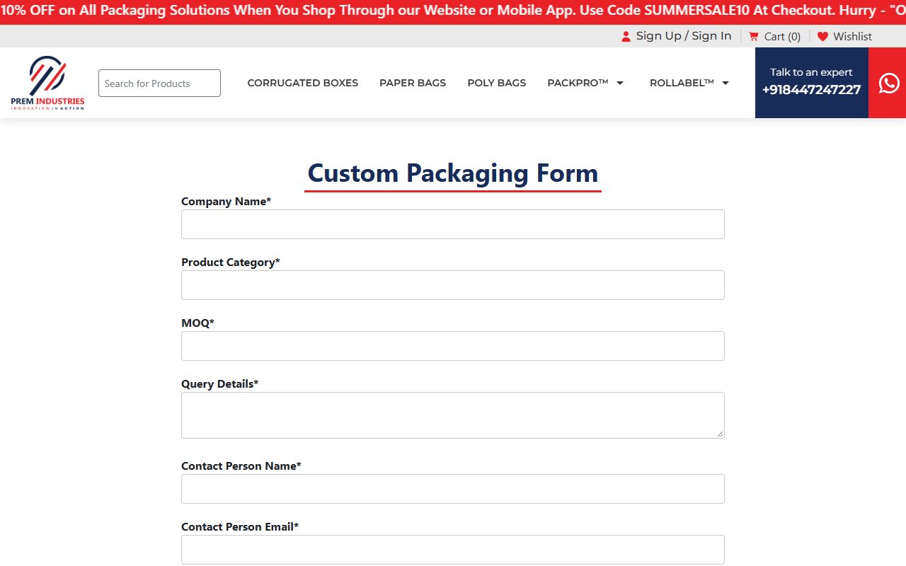 Custom packaging enquiry form asking for company, product category, minimum order quantity and contact details