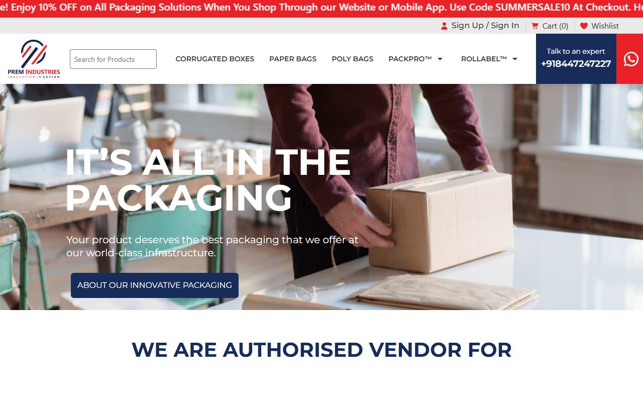Home page of store.prempackaging.com, with category navigation, search, cart and wishlist