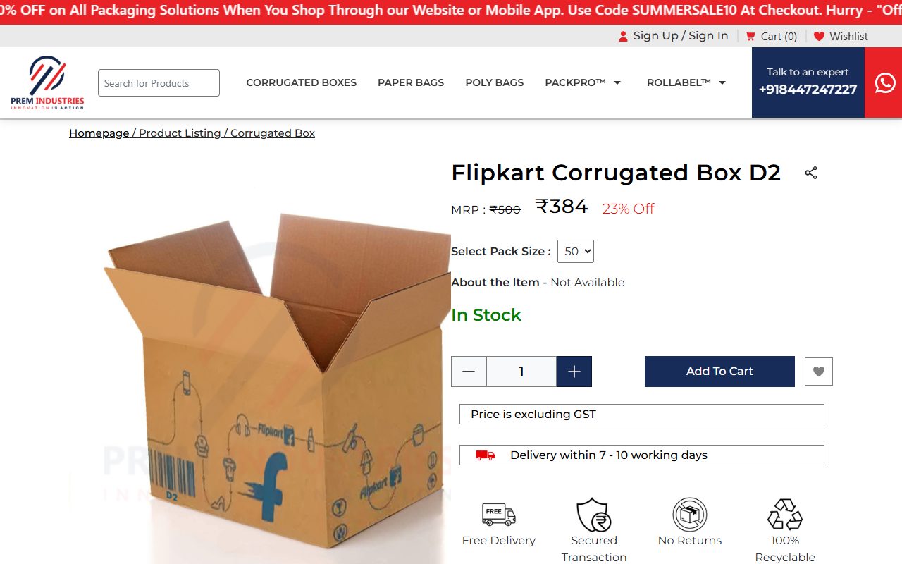 Product page for a corrugated box, with price, pack size, stock status, quantity, add to cart and wishlist